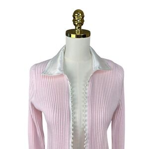 Y2K Hampshire Studio Pink Ribbed Cardigan Rhinestone Button Satin Collar Small